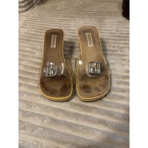 Y2K Soda Platform Wedge Slides Clear Strap Wood Heel Sandals Womens Size 9